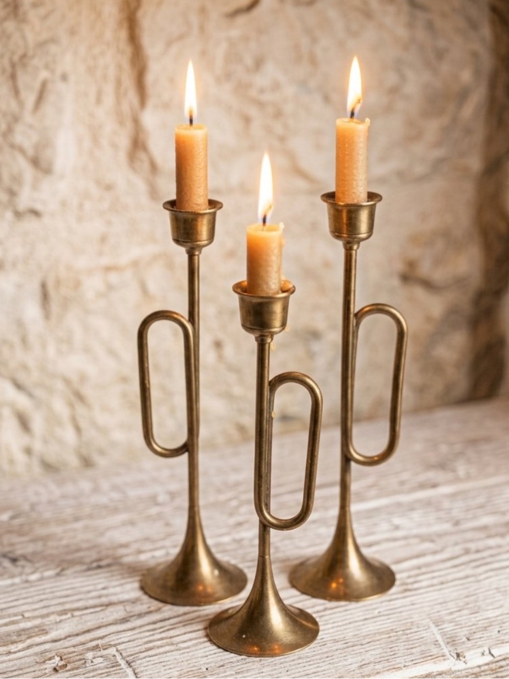 Vintage Brass Trumpet-Style Candle Holders - Set of 3